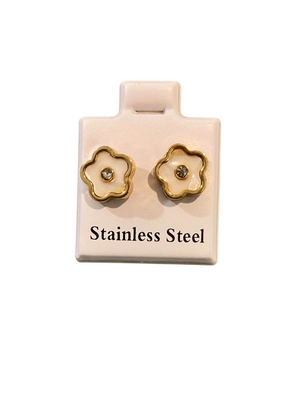 Stainless Steel Gold & White Flower Stud Earrings